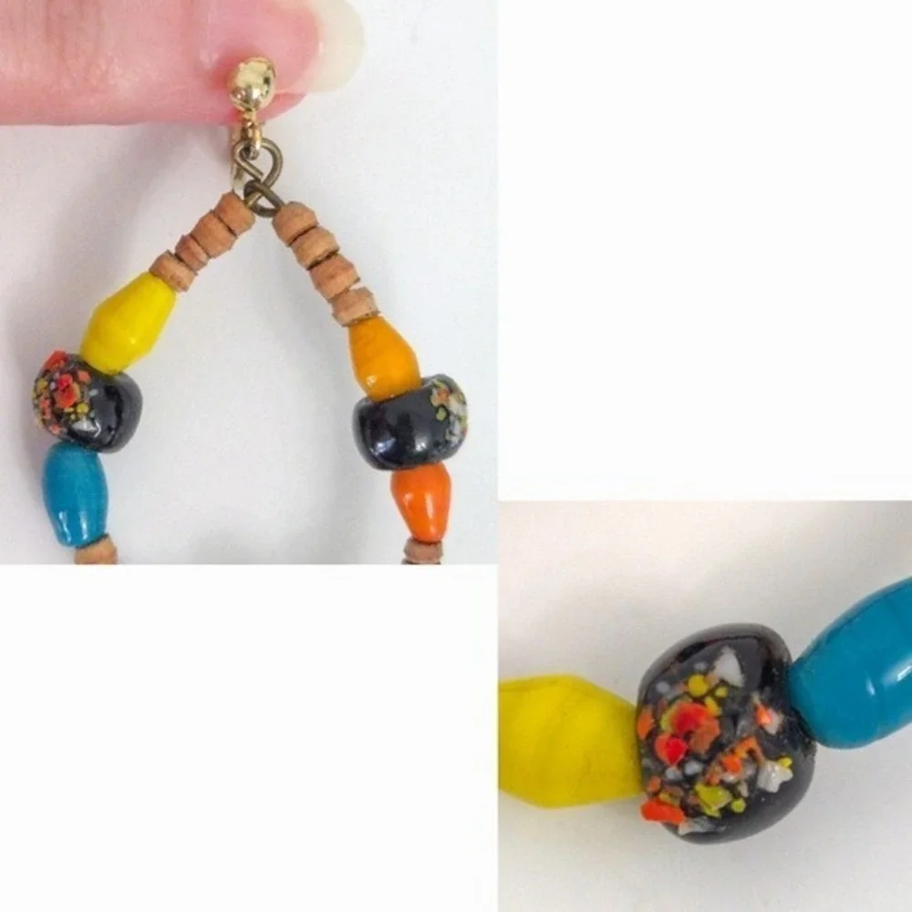 Vintage Beaded Floral & Wooden Teardrop Dangle‎ Boho Clip Earrings (Set of 2)